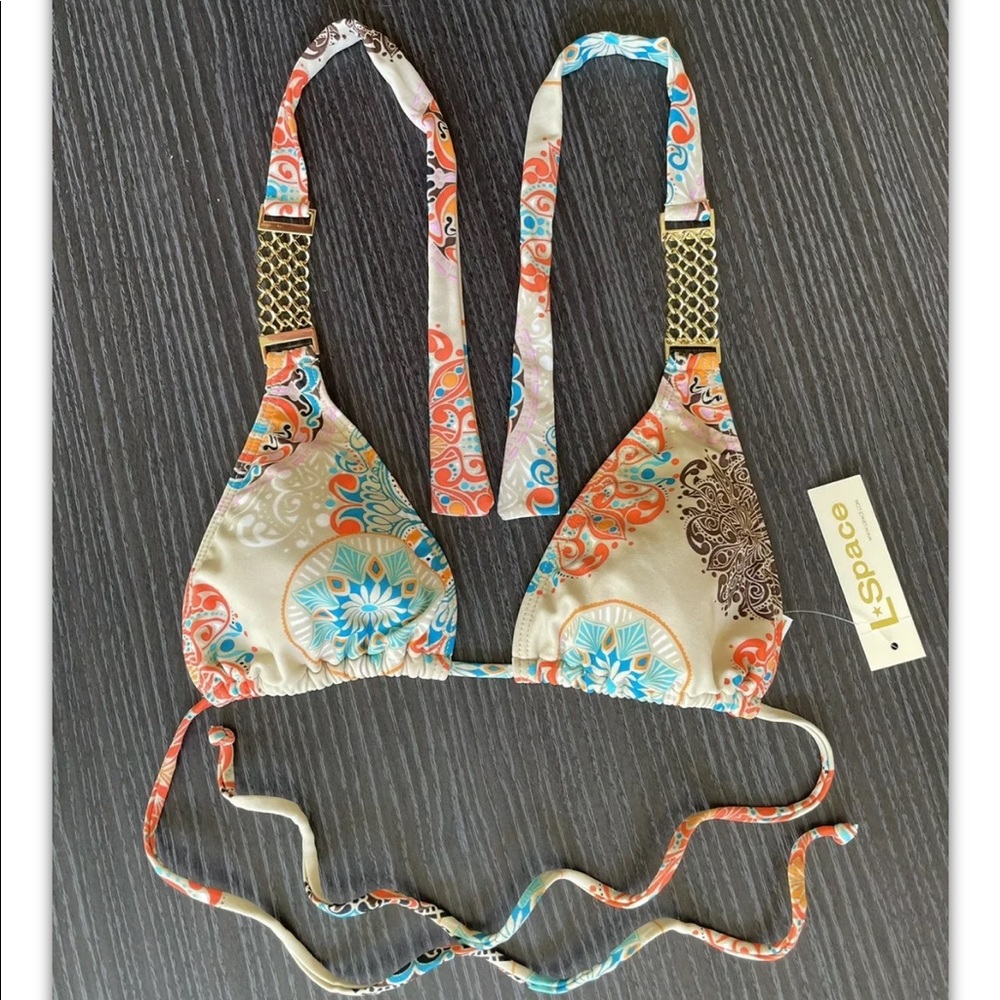 L*Space By Monica Wise Multi 🌺 Flower Bikini Top Triangle Gold Hardware Medium